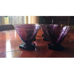 6 hele mooie art deco paars/aubergine antieke glazen/coupes