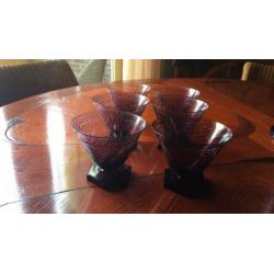 6 hele mooie art deco paars/aubergine antieke glazen/coupes