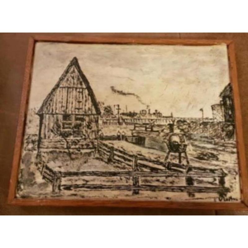 Tekening op hout mallegatssluis Koog aan de Zaan spoorbrug.