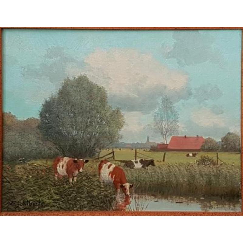 WJ ALBERTS schilderij olieverf landschap koeien boerderij