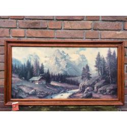 Vintage Bob Ross -ish romantisch berglandschap dennenbomen