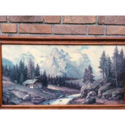 Vintage Bob Ross -ish romantisch berglandschap dennenbomen