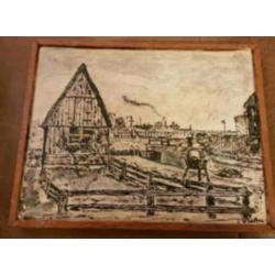 Tekening op hout mallegatssluis Koog aan de Zaan spoorbrug.