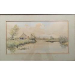 Aquarel Jan Kagie, Landschap bij Giethoorn.