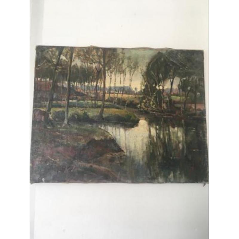 Oud olieverf schilderij platteland bomen water boerderij