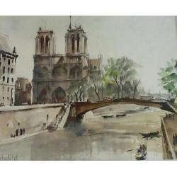 (Herbelot)Aquarel van de Notre Dame en Seine gedateerd 1956.