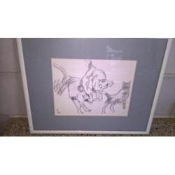 Tekening gesigneerd ML 1995 3 spelende katten/poezen lijst