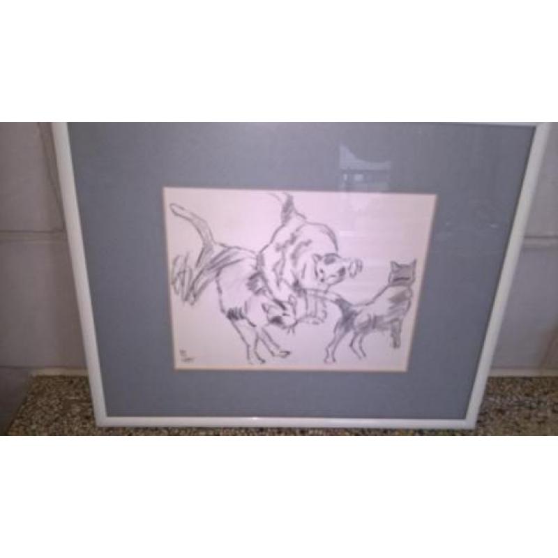 Tekening gesigneerd ML 1995 3 spelende katten/poezen lijst